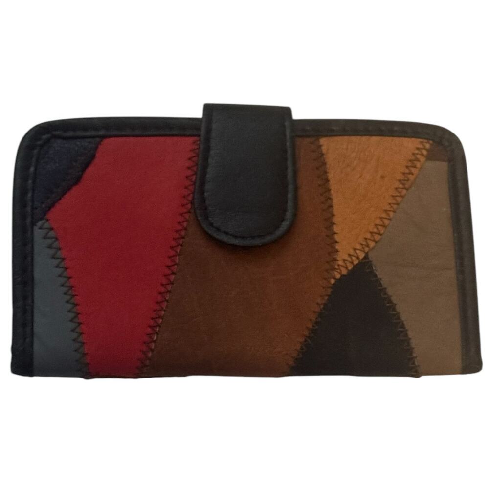 Vintage Leather Patchwork Checkbook Wallet Bohemian Boho OOAK Bifold Multicolor